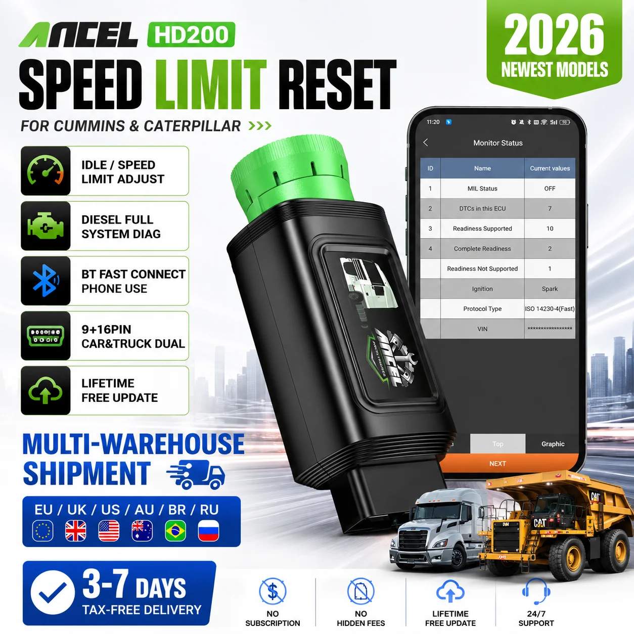 Full System Diesel Heavy Duty Truck OBD2 Scanner Bluetooth Speed Limit Reset Code Reader for Cummins and Caterpillar