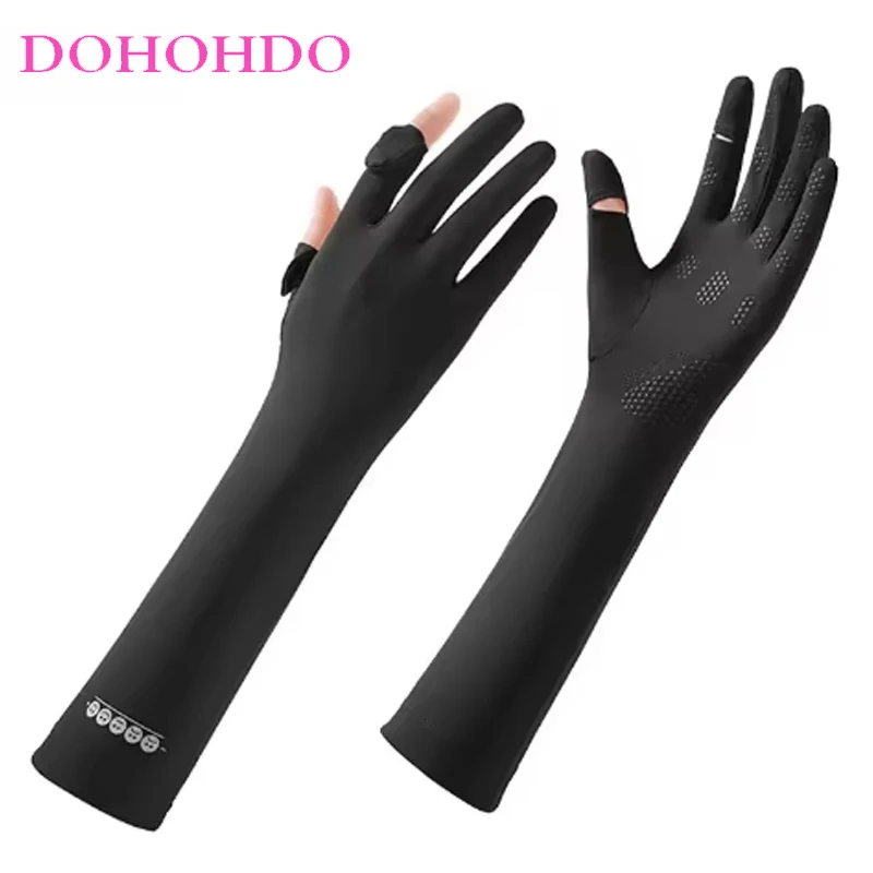 Driving Cycling Gloves Female UV Protection Extended Summer Ice Silk Breathable Riding Anti-slip Ultra-thin Models Black Gloves