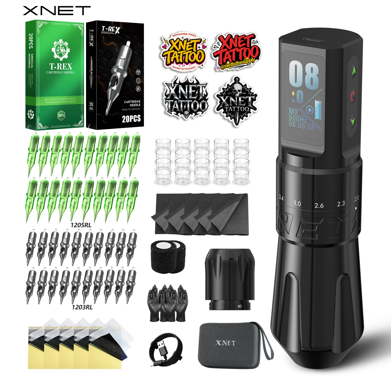 

Беспроводная тату-машинка XNET Talos, полный комплект, 40 игл, ход 2.0-4.2 мм, кастомный мотор, набор для татуировок в технике дот-арт, тату-ручка для татуировок.