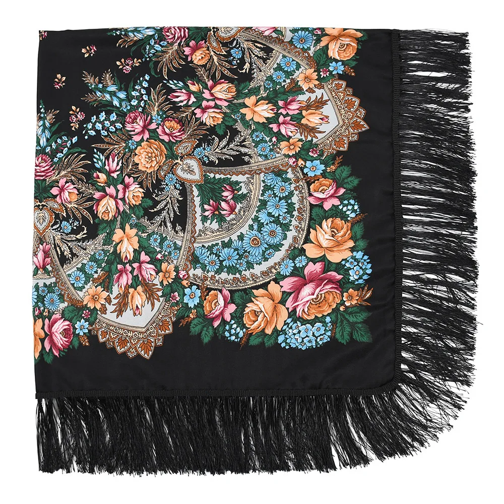 135*135cm Ethnic Style Russian Scarf Women Luxury Floral Print Square Scarves Fringed UKrainian Shawl Bandana Head Wraps