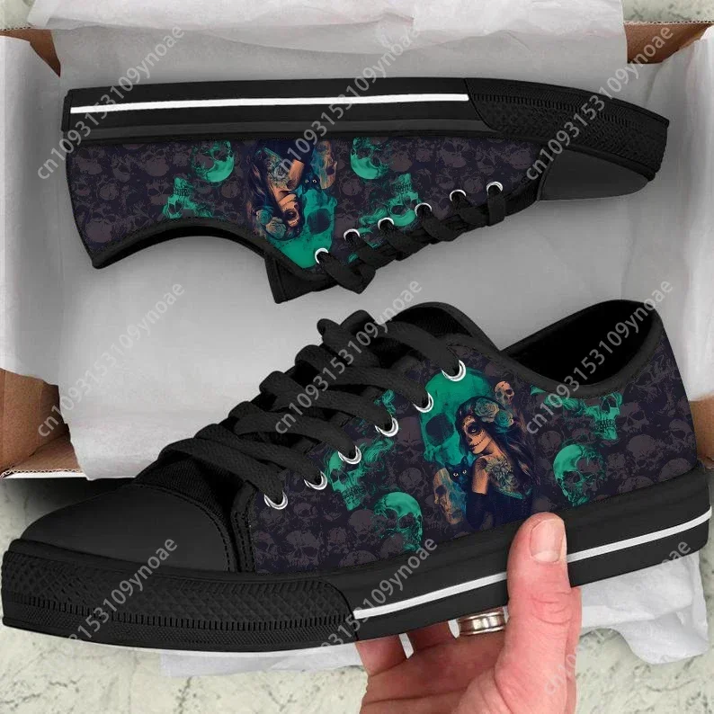 Hot Women Shoes Day of the Dead Sugar Skull Design Ladies Casual Lace Up Vulcanized Shoes Low Top Mens Teenager Sneakers