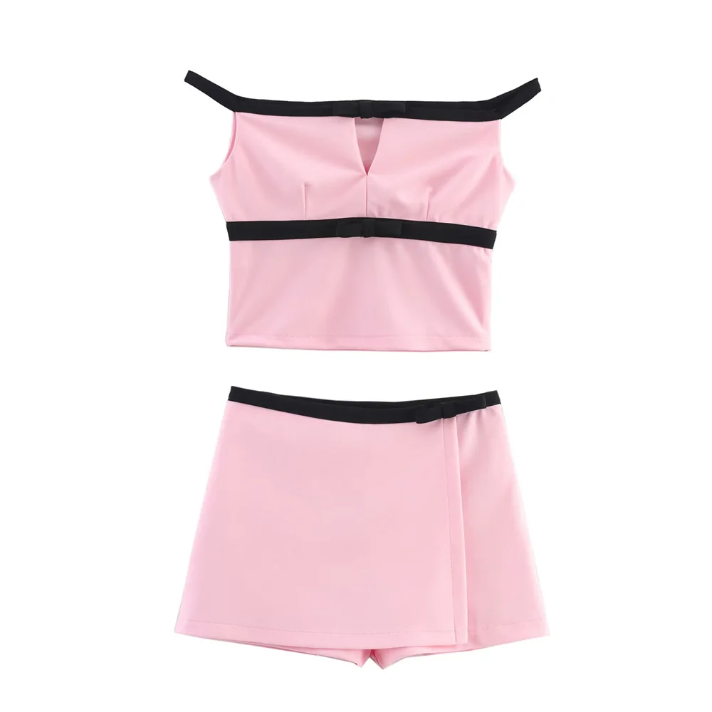women's summer new item bow decoration contrasting color slit design temperament short top slim fit skirt pants