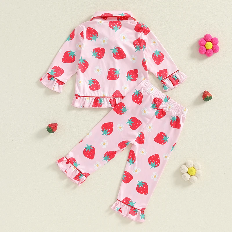 Children Baby Girls Pajamas Strawberry Print Night Wear Long Sleeve Ruffled Tops with Elastic Waist Pants Sleepwear Loungewear