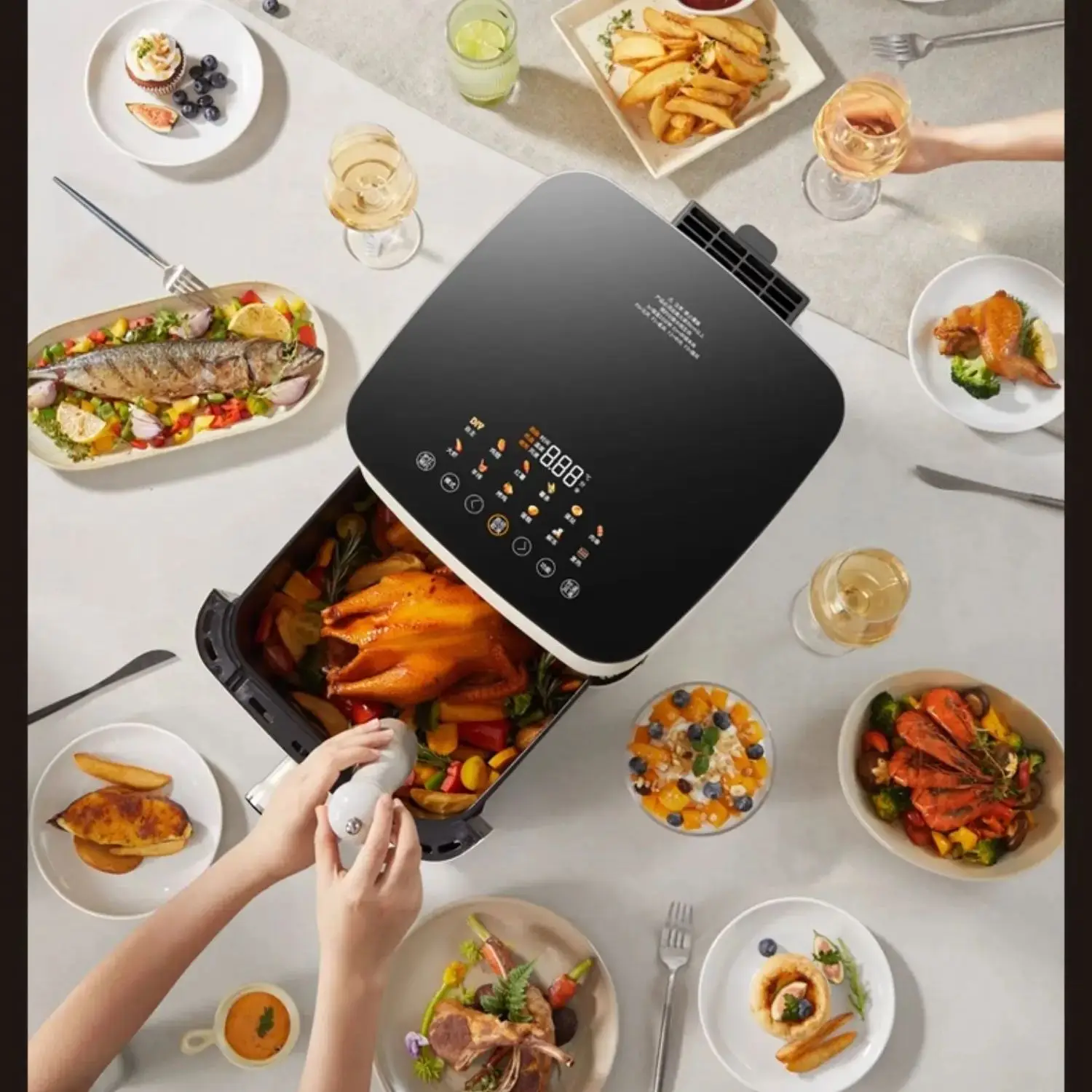 Freidora de aire para el hogar, doble fuente de calor, 8L de capacidad, visual, sin tapa, horno eléctrico de metal, máquina de cocina