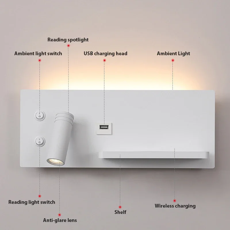 Imagem -04 - Zerouno-multifunções Led Reading Interior Wall Light Cabeceira Wall Sconce Interruptor de Carregamento do Telefone sem Fio Hotel e Bed Lamp