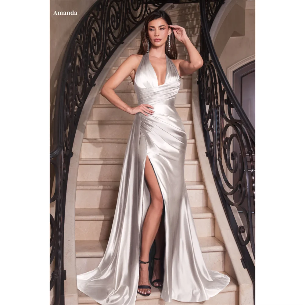 

Amanda V-neck Satin vestidos de fiesta Mermaid Backless Halter Neck فساتين سهرة Elegant Sleeveless Side Split Party dresses 2024