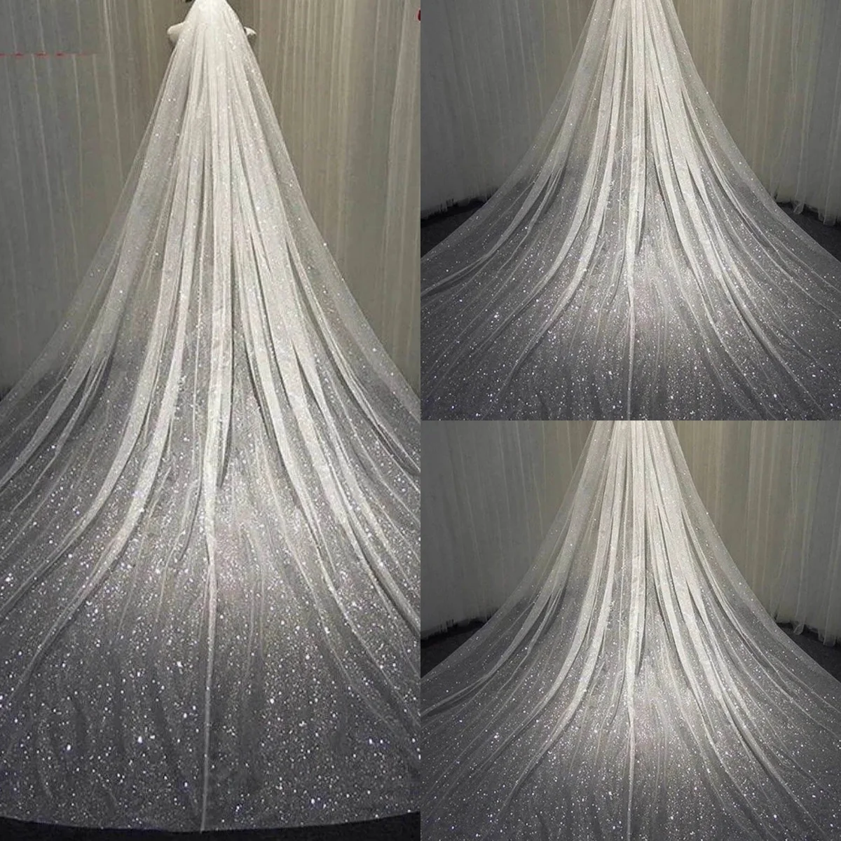 Bling Wedding Veils Sequins One Layer Long Cathedral Length Veils Cut Edge Velo De Cabeza For Bride Voile Custom Made