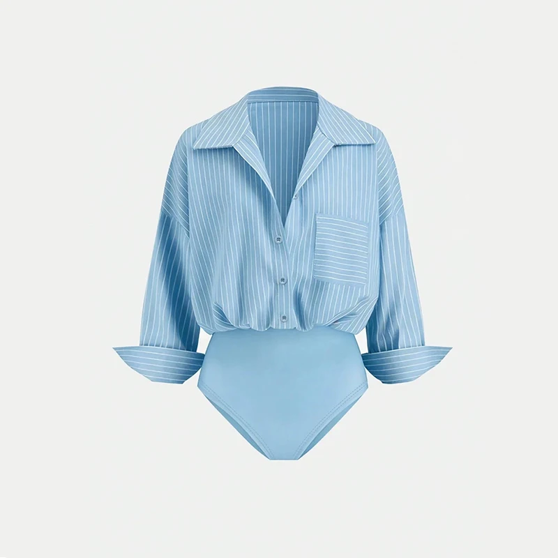 OMSJ 2026 Women's Elegant Shirt Style Bodysuit Stripe Printed Contrast Color Short Sleeve Turn-down Collar Button Up Romper Tops