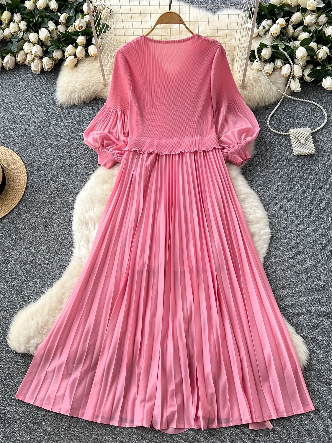 Ele Long Dr Falda acampanada de fibra de poliéster para mujer, diseño holgado, Faion Floral, cintura alta, coreana, para ir al trabajo