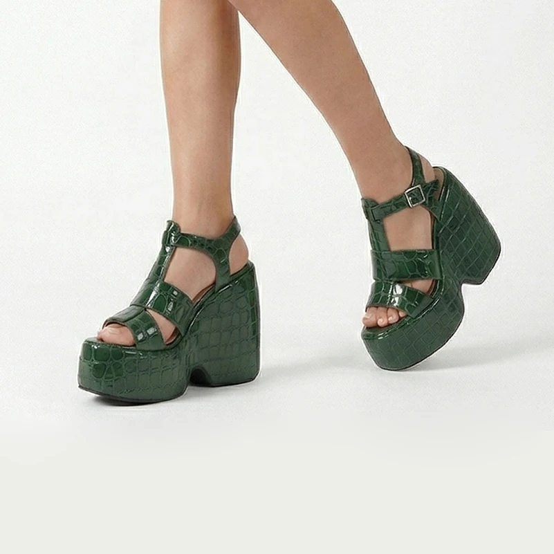 Concave And Convex Stone Texture Microfiber Material Ultra-High Slope Heel Thick Sole Casual Sandals Hollow Height Sandals view 6