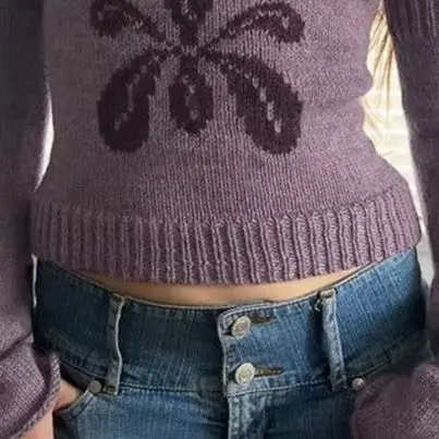 

Ezgaga Cropped Sweater Pullover Women Embroidery Flowers V Neck Slim Stretch Long Sleeve Basic Vintage Y2k Harajuku Jumper