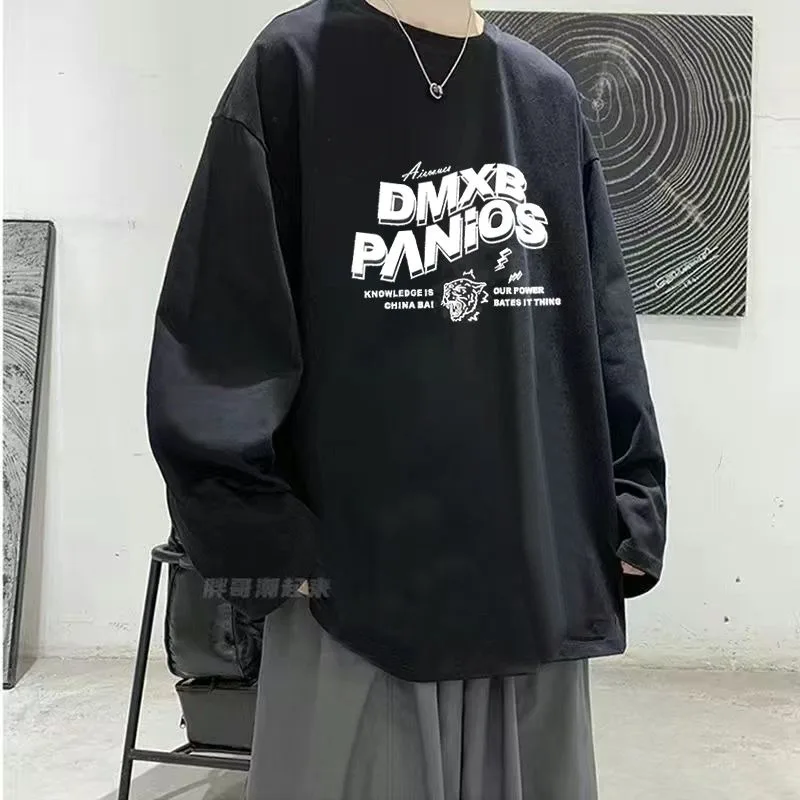 Fashion Plus Size Men's T-shirt, Spring and Autumn Classic Hong Kong Style Casual Long Sleeved Simple Western Style Loose Top