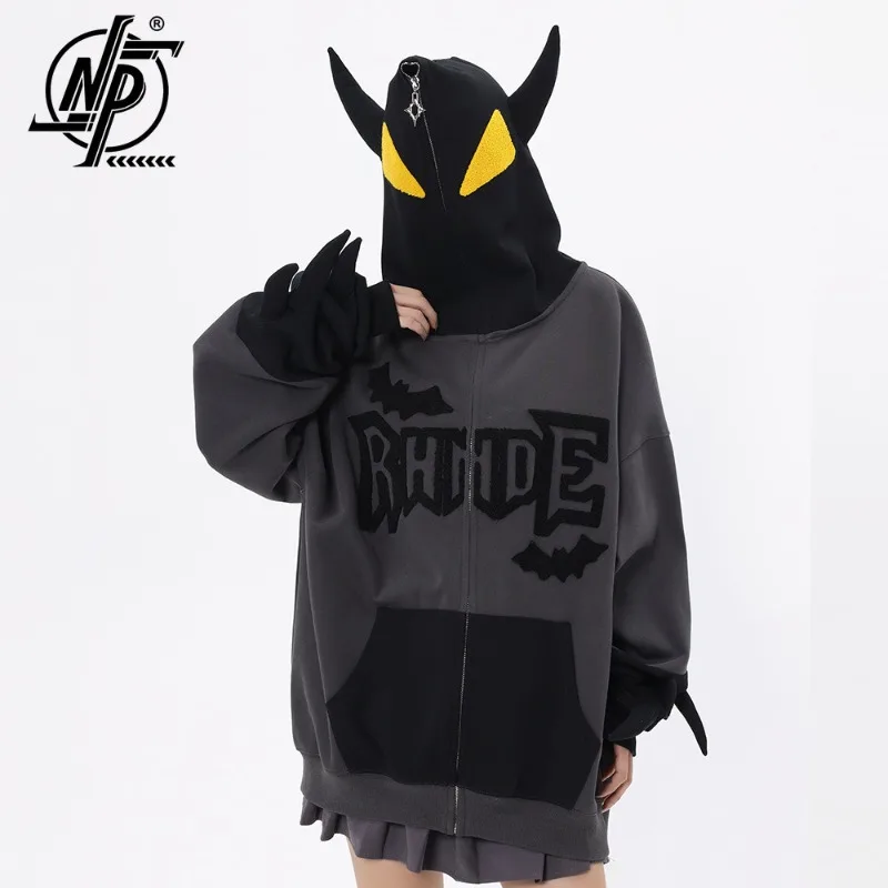 

Men Masked Bat Hooded Cardigan Sweatshirt Coat Autumn Winter Women Streetwear Hip Hop Oversize Letter Embroidery Hoodie Jacket