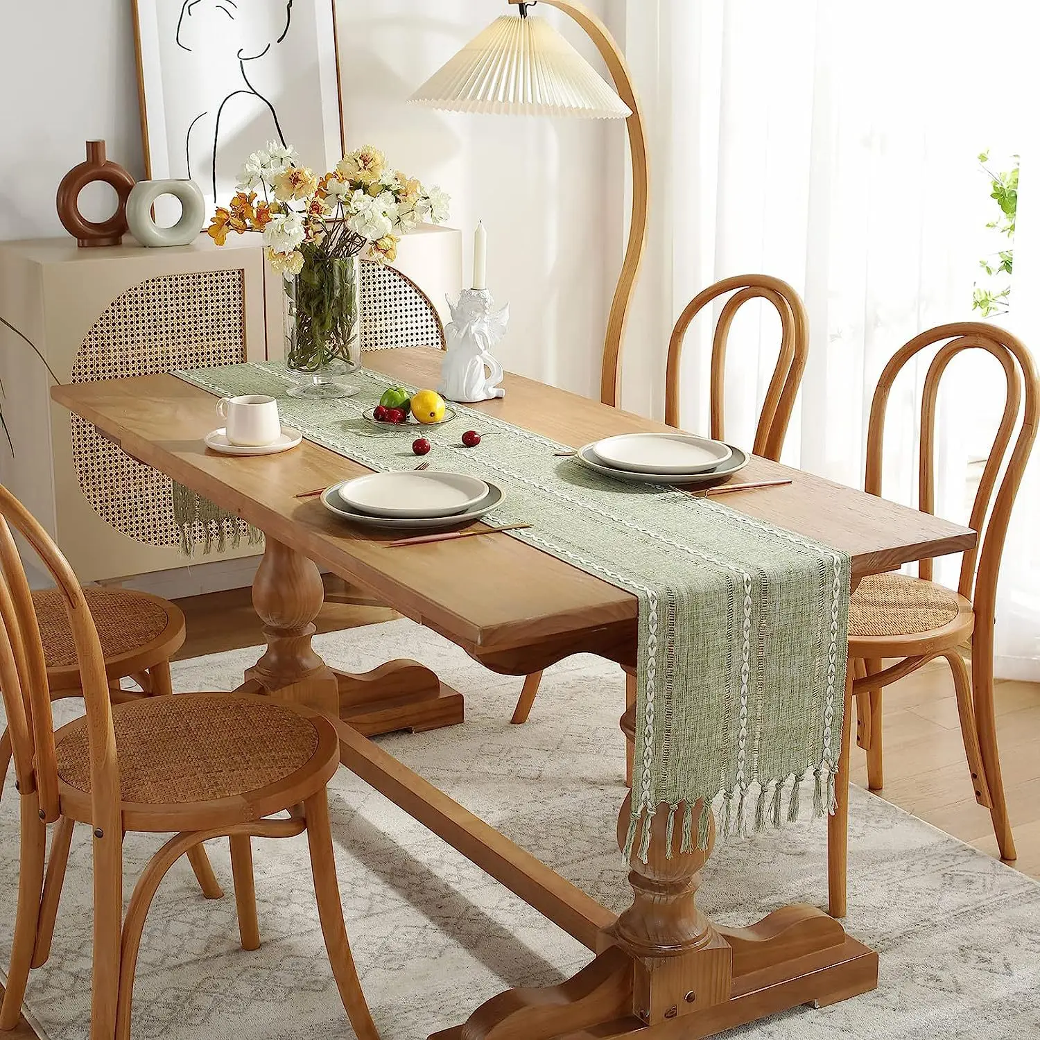 Rustic Table Runners with Handmade Tassel, Vintage Woven Cotton Linen Table Runner Long for Party Dining Table Decoration