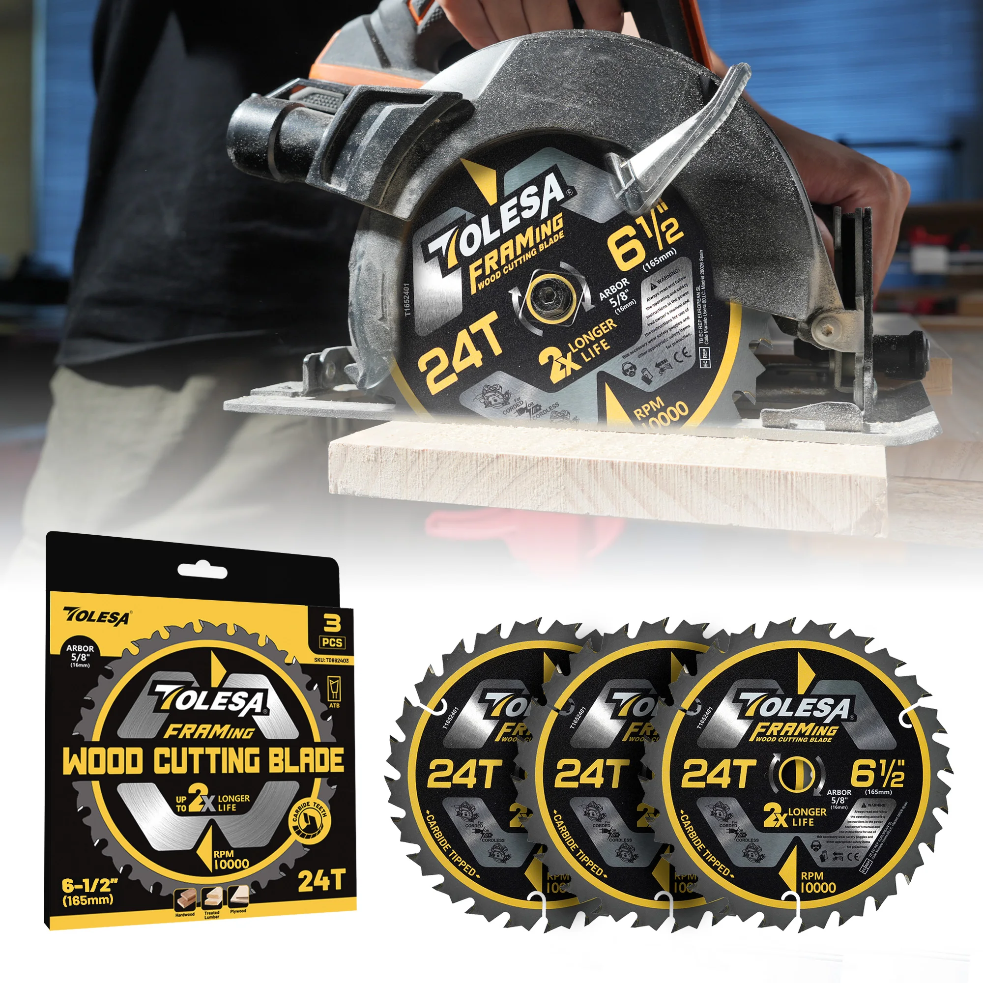 TOLESA 3PCS 6 1/2 Circular Saw Blades, 24T for Wood and Plywood, Super Thin Kerf, ATB Design, for Hardwood, Laminate, MDF, OSB