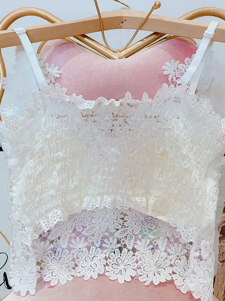 Lace Crop Tops Women Summer New Sweet Tridimensional Flower Lace Vest Sexy V-neck Sleeveless Top Korean Fashion Clothing