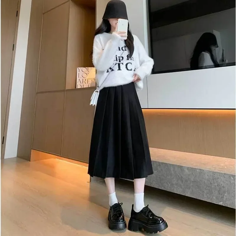 Rok lipit wanita pinggang tinggi, rok wol model Korea, rok pinggang tinggi musim gugur dan musim dingin