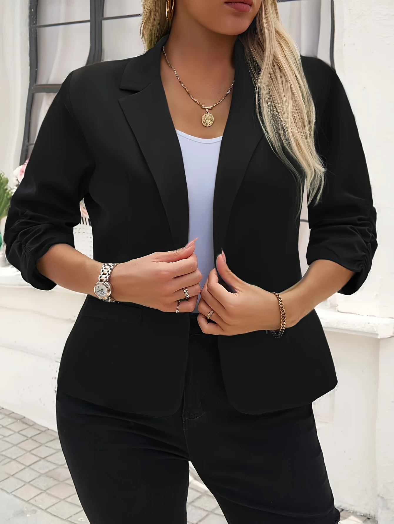 

Большой целевой женский модный однотонный пиджак и пиджак, рукав три четверти, дизайн на одной пуговице, офис, cas