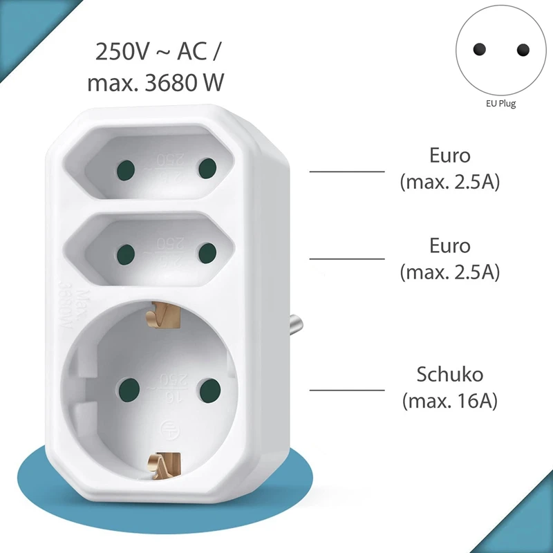 RISE-European Type Conversion Plug 1 TO 3 Way EU Standard Power Adapter Socket 16A Travel Plugs EU Plug