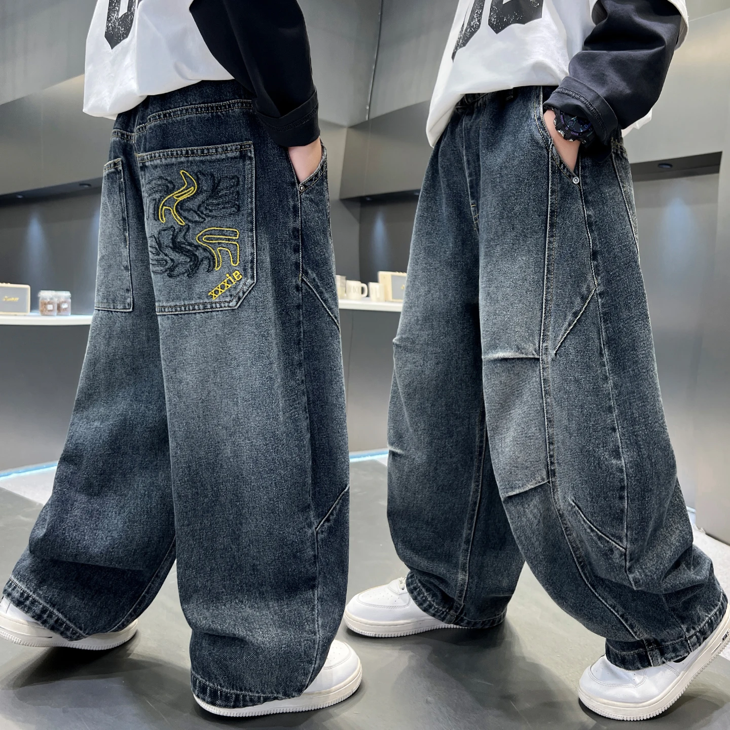 Boys jeans, work clothes, wide-leg pants, autumn side splicing,  back pocket  straight pants suitable for 5-15-year-old pants