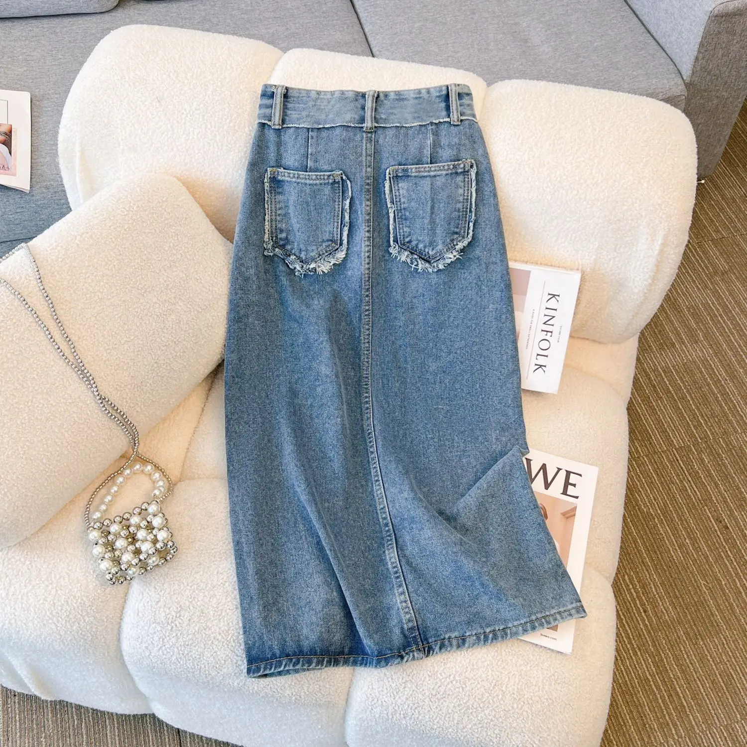 Fashion Split Denim Skirts Women New High Waist Raw Edge Classic Versatile Mid Long Dresses Sexy Vintage Wrap Hip Skirts