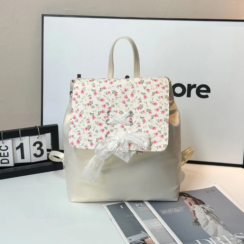 Women Sweet Floral Print Backpack Lace Bow Decor PU Leather Daypack Korean Style Teen Girls School Bag Casual Shoulder Backpack