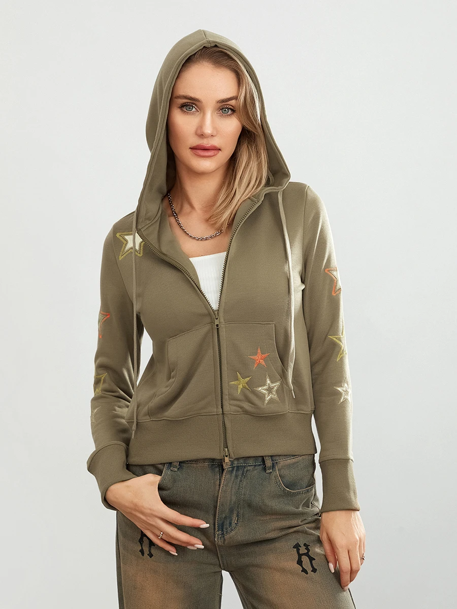 

Women s Hooded Sweatshirt Crop Jacket Star Embroidery Pattern Long Sleeve Zip Up Fall Slim Coat Streetwear