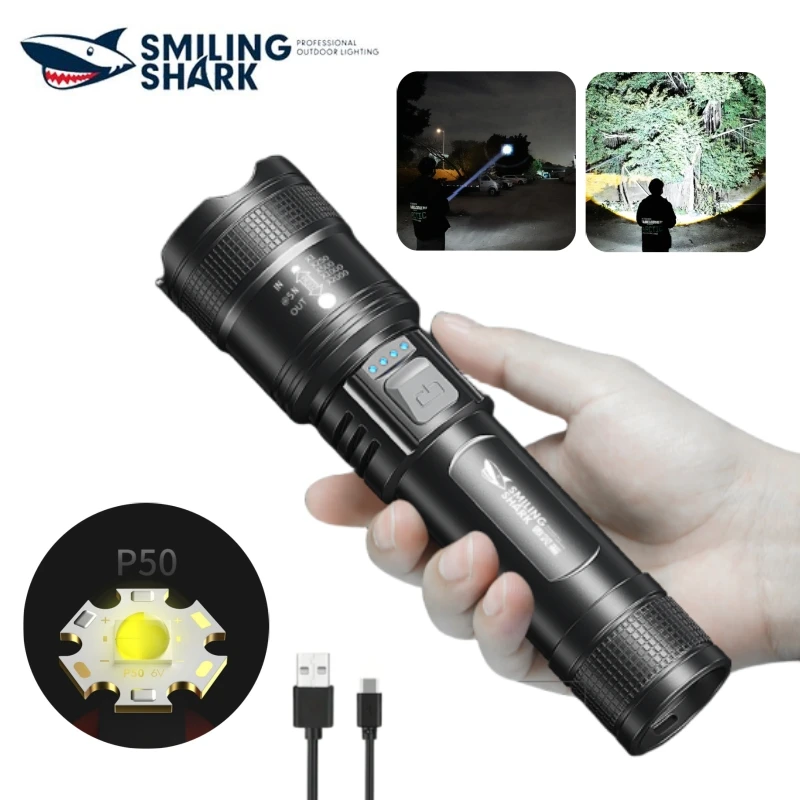 Smiling Shark SD1029 Zoomable Flashlight, P50 USB Rechargeable Torchlight, ABS Plastic Torch, for Daily Use, Outdoot Camping