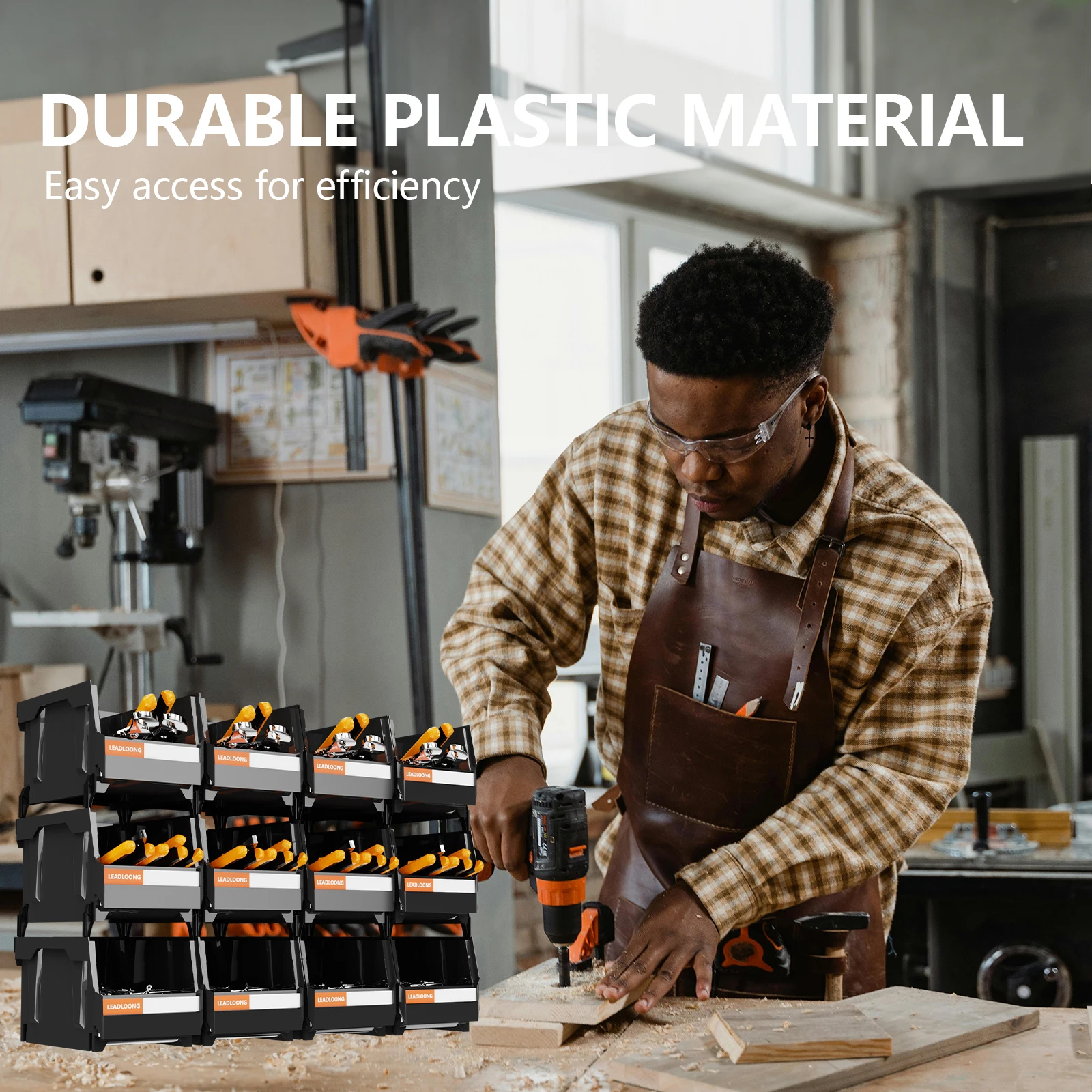 12Pcs 8"x5"x4" Stackable Plastic Storage Bins - Multipurpose Organizer for Garage Tools, Kitchen Sundries & Car Accessories