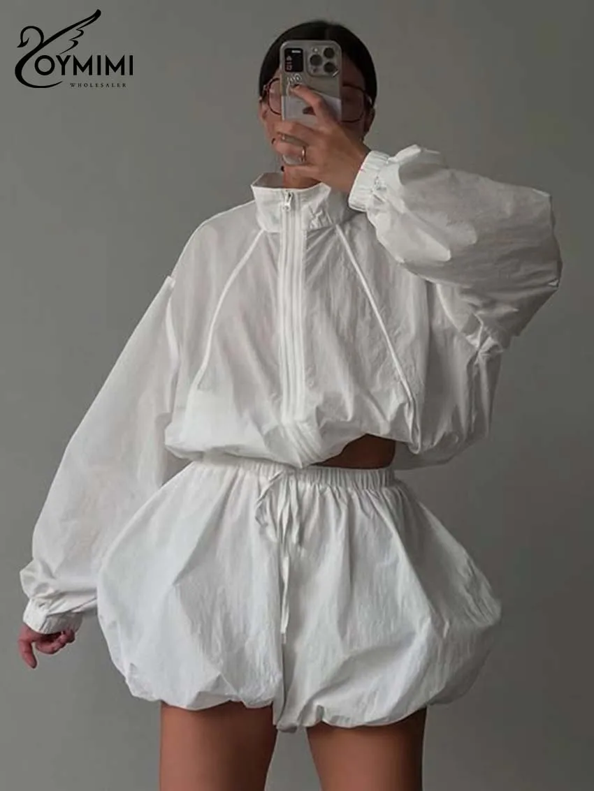 

Oymimi Women's White 2-Piece Tracksuit Set 2026 Spring Half Zip Crop Top Puff Shorts Cutout Waist Chic Casual Streetwear Outfit
