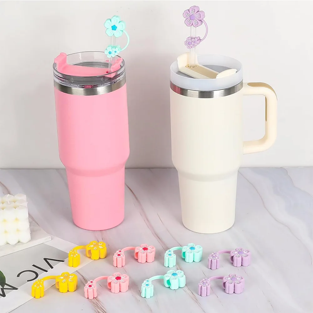 Cute Flower Straw Covers Cap For Stanley Cup 40oz Tumbler Accessories KawaiiSilicone Straw Toppers Protector Cap For 10mm Straws