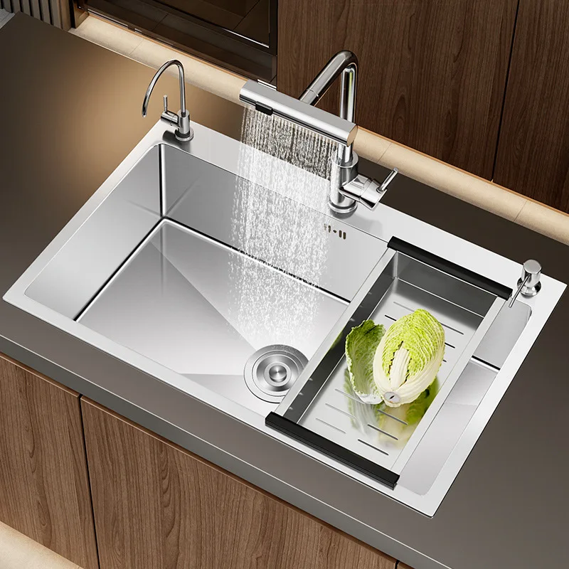 

Stainless Steel Waterfall Kitchen Sink Vegetable Washing Basin Large Single Slot Dishwasher Household Thickened Sink