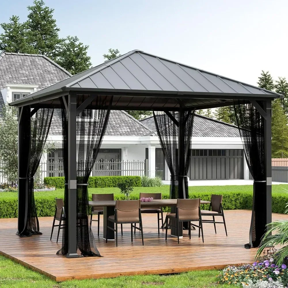 

10' x 10' Hardtop awning,Metal awning with Galvanized Steel Roof, Outdoor Permanent Pavilion with Netting for Patio