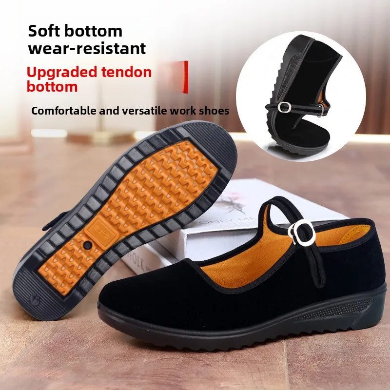 Women Black Velvet Mary Jane Shoes Adjustable Buckle Strap Non Slip PU Sole Comfort Old Beijing Cloth Walking Flats