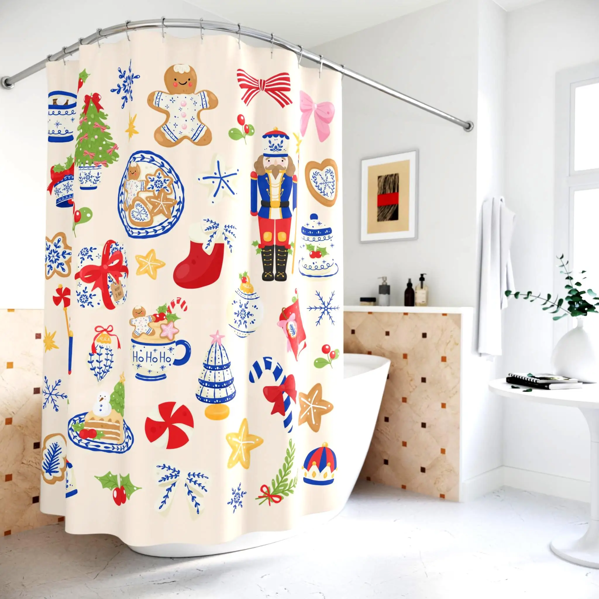 Christmas Holiday Shower Curtain Festive Xmas Gingerbread Man Santa Claus Winter Decor Bathroom Accent