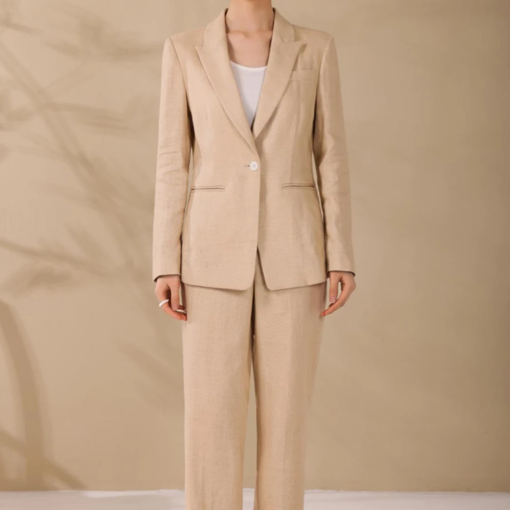

2026 New Women's Office Blazer Suits, Elegant Beige Linen Blend Business Suit Set, Formal Work Wear 2 Piece Outfit for Ladies