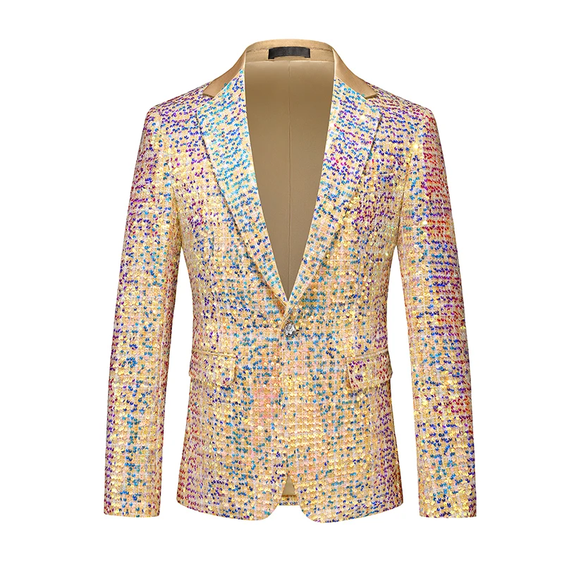 New Men Luxury Gold Sequin Suit 2Piece Large Size XXL Fashion Host Singer Bar KTV Stage Performance Tuxedo Dress Jacket and Pant