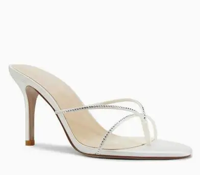 Red White Satin Crystal Trim Thong Mules Round Toe Thin Strap Stiletto High Heel Flip Flops Summer Party Slide Sandals Women