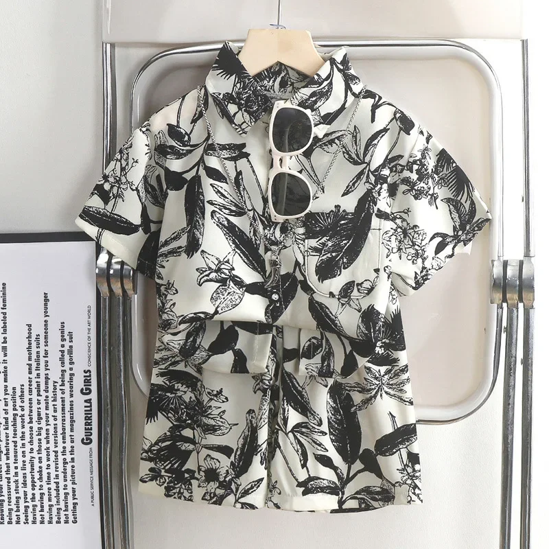 

Summer Teenage Boy Clothes Set Children Fashion Single Coconut Trees Short Sleeve Shirt Top and Shorts BottomSuit Beach Wear