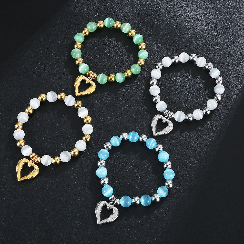 Fashion Jewelry Lovers' Classic Handmade Beading Waterproof Durable Titanium Steel Heart-Shaped Shiny Opal Elasticity Bracelets