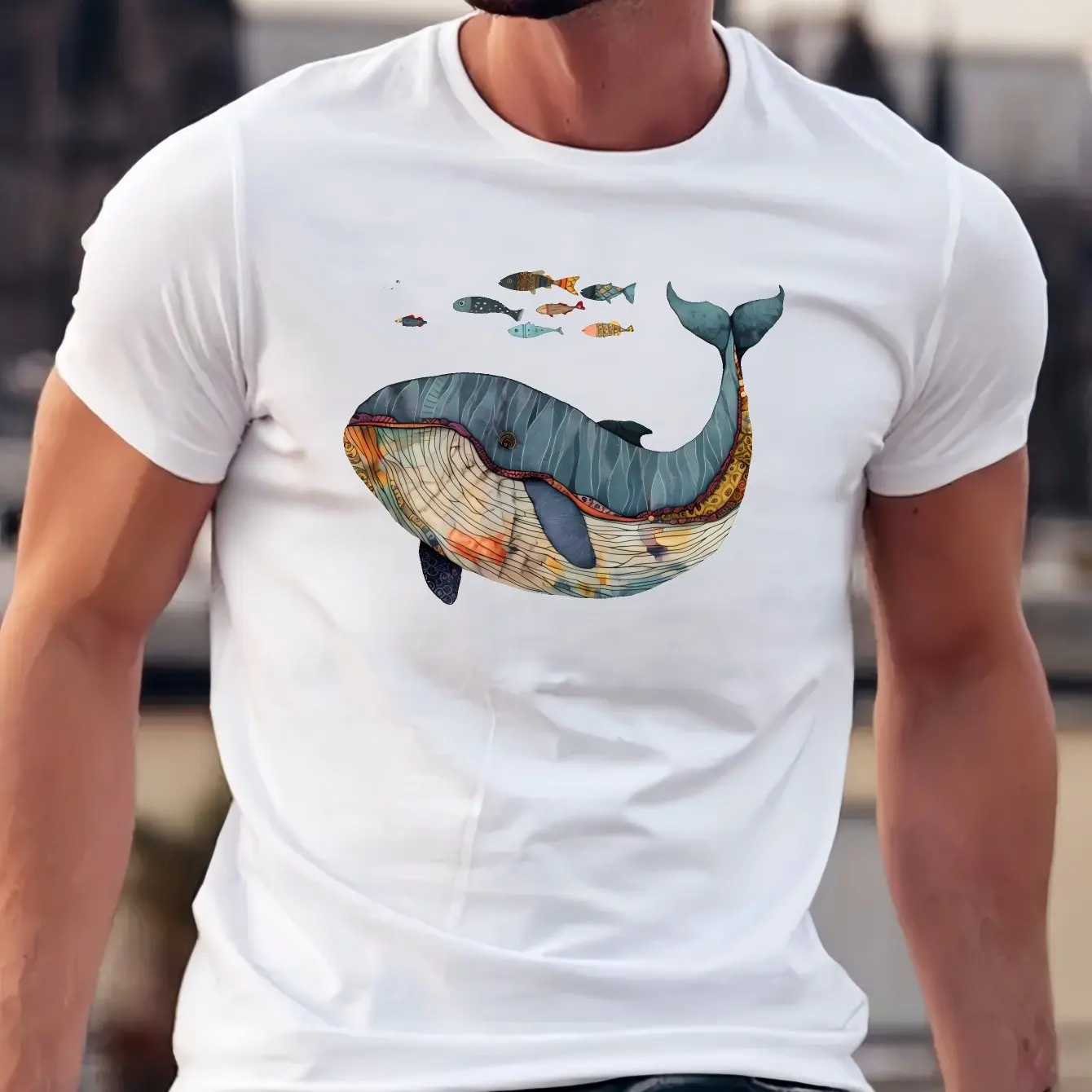 Summer Men's Casual Whale Fish Printed Round Neck T-shirt Soft 100% Cotton Outdoor Breathable Daily Street Sports Short Sleeve