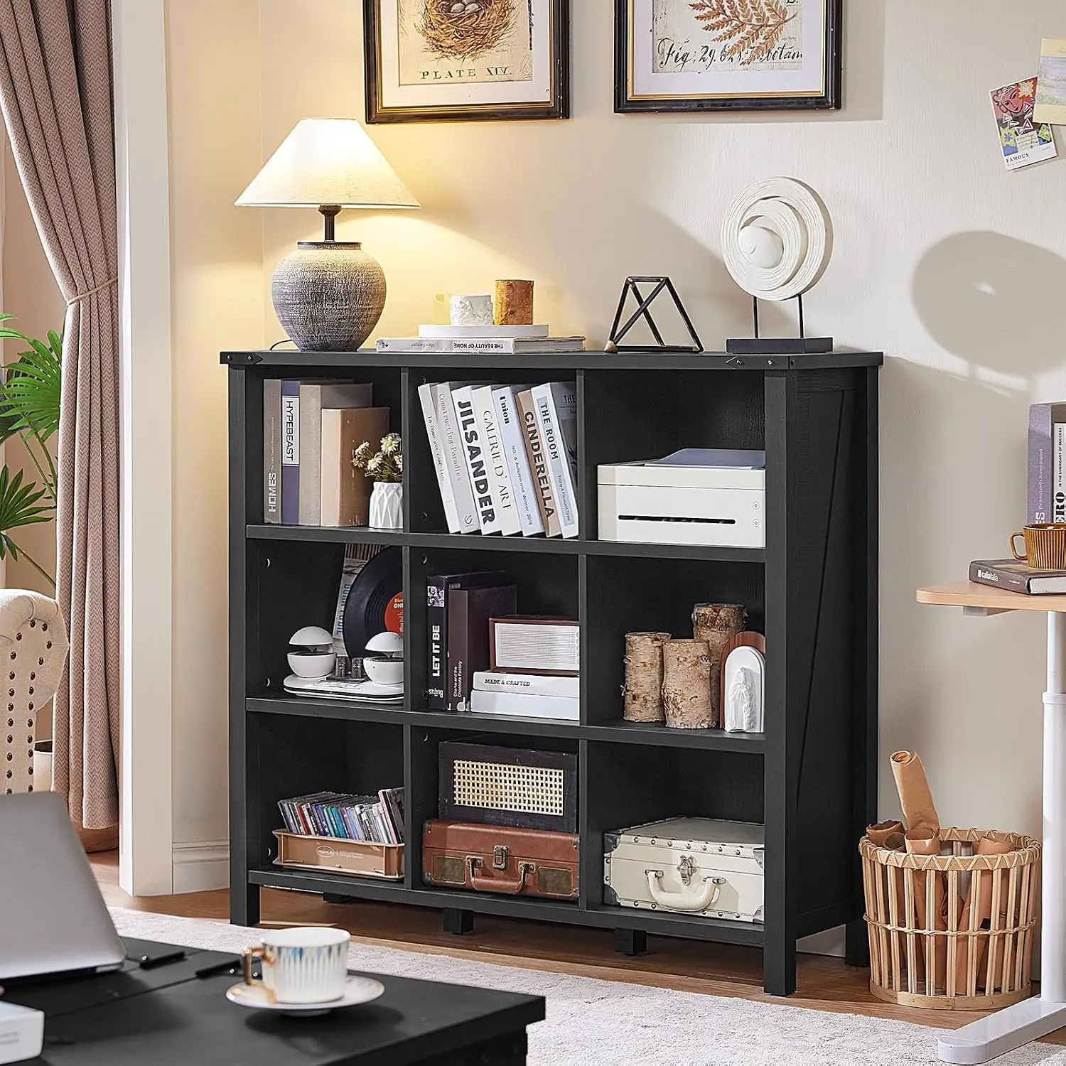 9 Cube Wooden Bookcase 47 Inch Wide 3 Tier Open Display Shelf Farmhouse Storage Cabinet Home Office, Customized