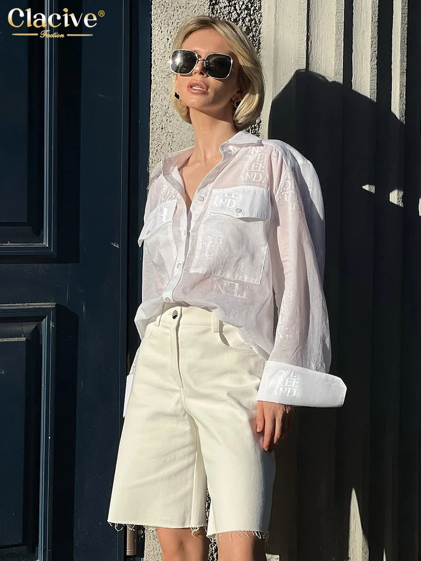 Clacive Fashion Loose Print Women's Shirt 2025 Casual Lapel Long Sleeve Blouse Elegant Classic Pockets Top Female Clothing