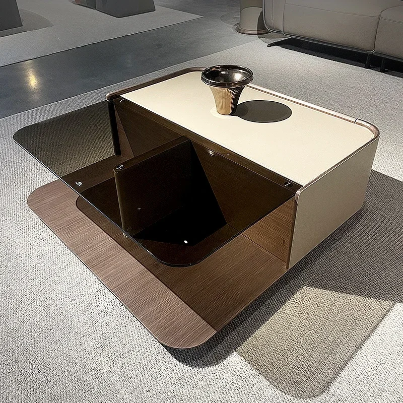 Modern Minimalist Living Room Square Coffee Table Light Luxury Saddle Leather Art Glass Square Table