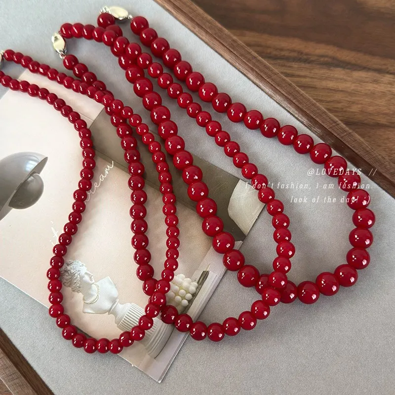 قلادة من خرز الزجاج المستدير باللون الأحمر من Ankela مع إبزيم سبيكة ذهبي على الطراز القديم وسلسلة عظمة وإكسسوارات بسيطة ومتعددة الاستخدامات #1