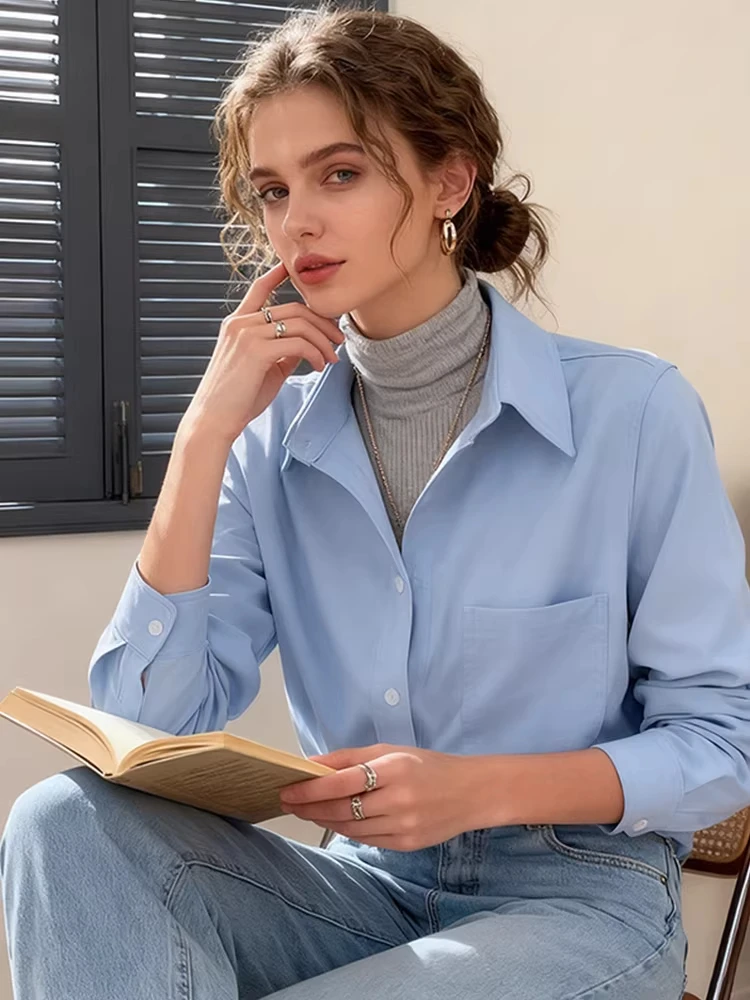 

Синяя женская рубашка с длинным рукавом на флисовой подкладке, модная повседневная блузка с воротником, удобная для многослойных образов, осень-зима, укороченная, больших размеров