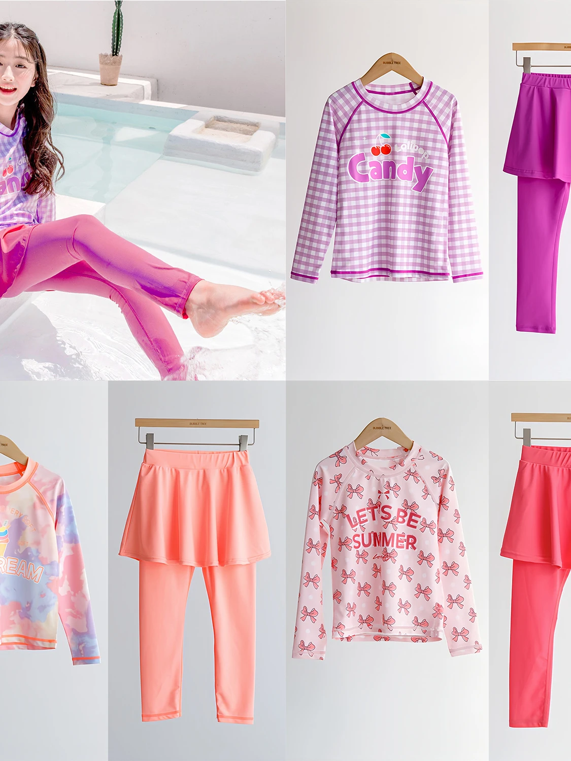 Girls' Fake Two-Piece Swimsuit Long Sleeve Print Children's Swimming Costume Set Separate Long Pants Sun Protection for Kids