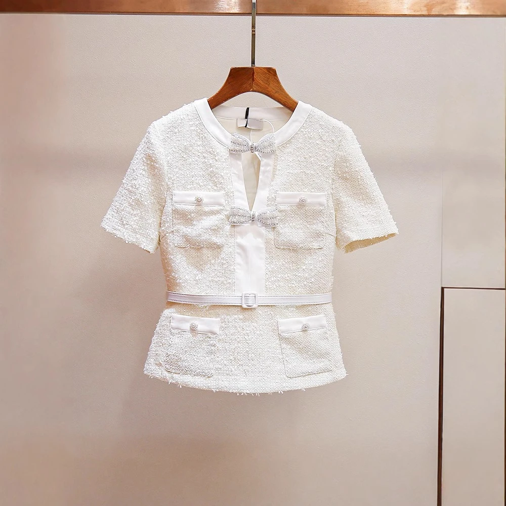

Women's round neck diamond short sleeve knitted top