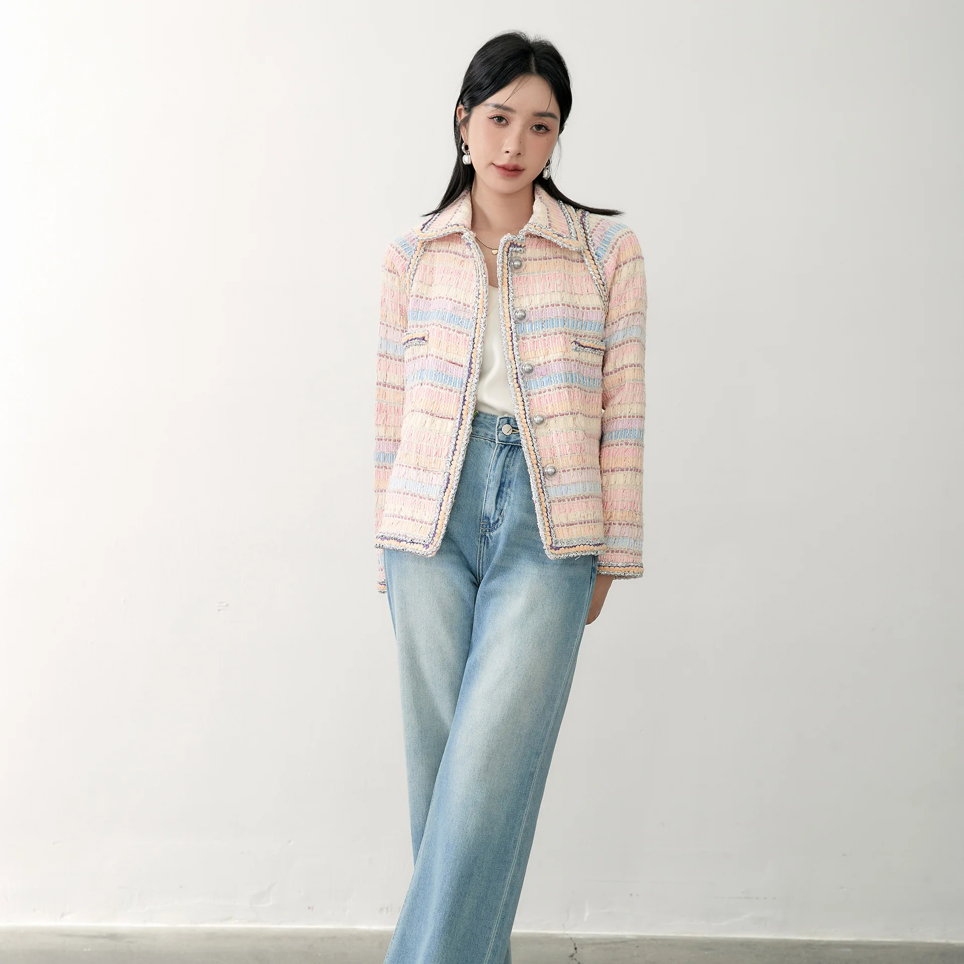 Spring and Autumn Wool Blended Tweed Macaron Rainbow Soft Romantic Women's Jacket