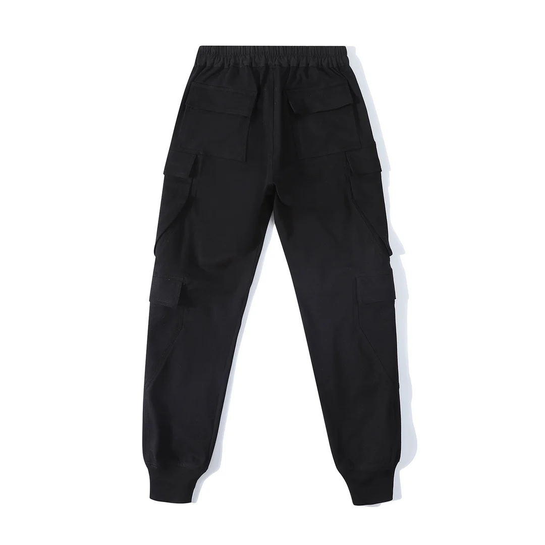 American Retro Multi Pocket Cargo Joggers Unisex Men Women Black Drawstring Elastic Cuff Streetwear Daily Casual Pants